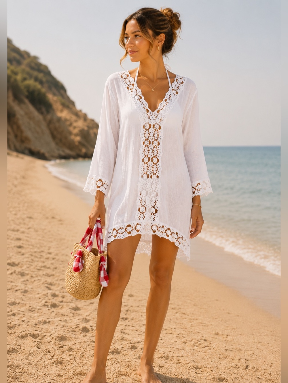 La Blanca White Crochet Lace Swim Cover Up Tunic Size Large Boho Beach Resort